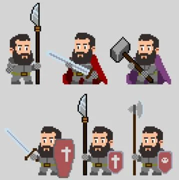 Set of warriors pixel characters in art style Stock Illustration