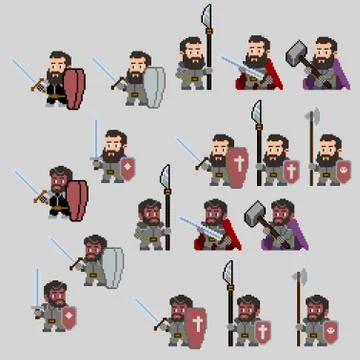 Set of warriors pixel characters in art style Stock Illustration