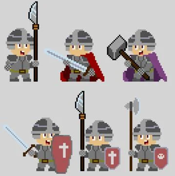 Set of warriors pixel characters in art style Stock Illustration