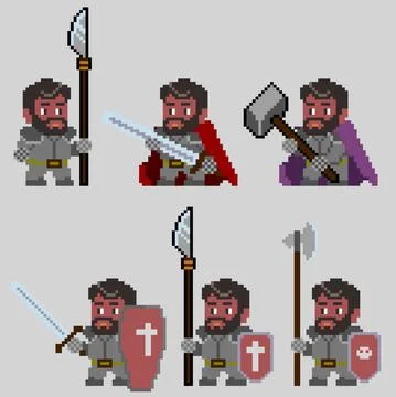 Set of warriors pixel characters in art style Stock Illustration