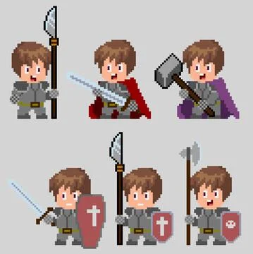 Set of warriors pixel characters in art style Stock Illustration