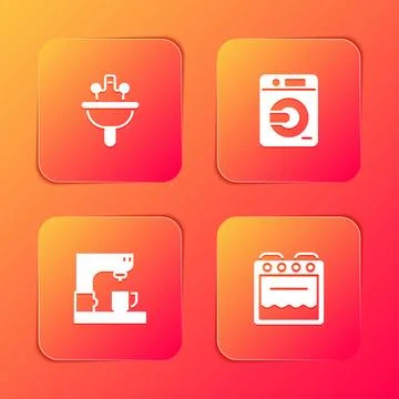 Set Washbasin, Washer, Coffee machine and Oven icon. Vector Illustrazione stock