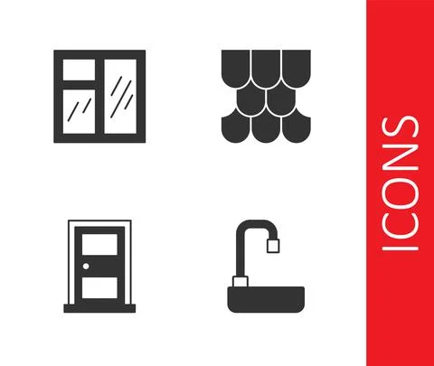 Set Washbasin, Window room, Closed door and Roof tile icon. Vector Illustration