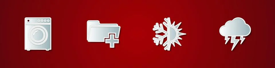 Set Washer, Add new folder, Sun and snowflake and Storm icon. Vector Stock Illustration