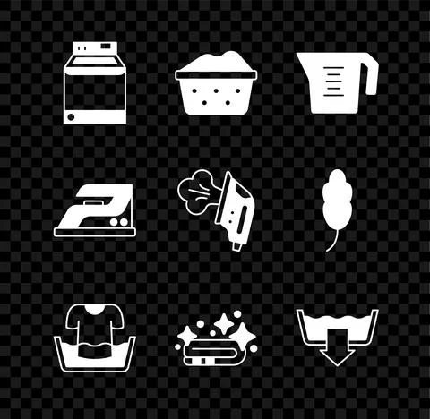 Set Washer, Basin with soap suds, Measuring cup, shirt, Towel stack, Washing Stock Illustration