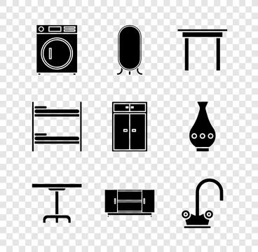 Set Washer, Big full length mirror, Wooden table, Round, TV stand, Water ta.. Stock Illustration
