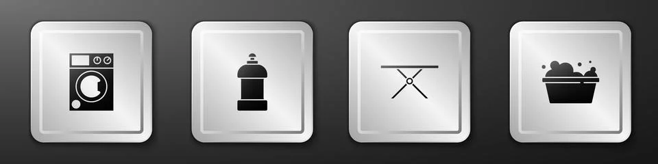 Set Washer, Bottle for cleaning agent, Ironing board and Basin with soap suds Stock Illustration