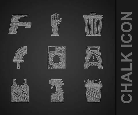 Set Washer, Cleaning spray bottle, Bucket with foam, Wet floor, Dirty t-shirt Stock-Illustration