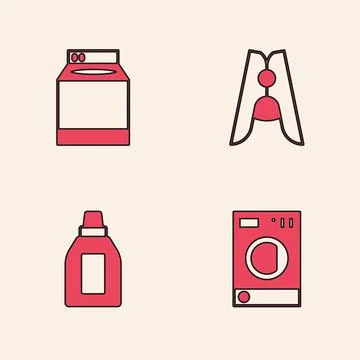 Set Washer, , Clothes pin and Bottle for cleaning agent icon. Vector Stock Illustration