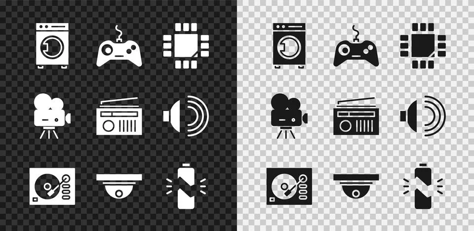 Set Washer, Gamepad, Processor with microcircuits CPU, Vinyl player, Motion Stock-Illustration