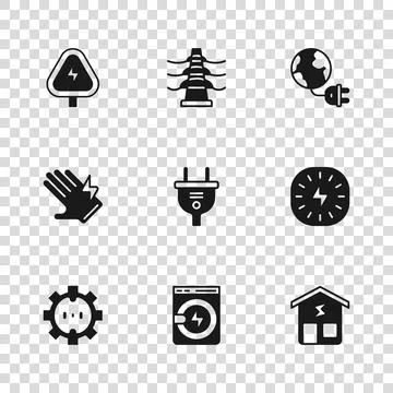 Set Washer, Lightning bolt, Smart home, Electric plug, Global energy planet.. Stock Illustration