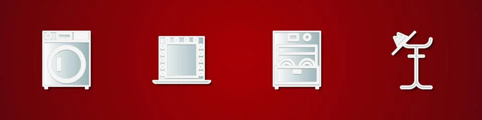 Set Washer, Makeup mirror with lights, Kitchen dishwasher machine and Coat st Stock Illustration