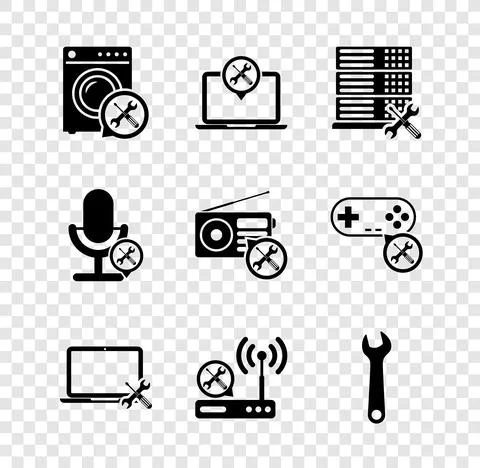 Set Washer service, Laptop, Database server, Router wi-fi, Wrench, Microphone 스톡 일러스트