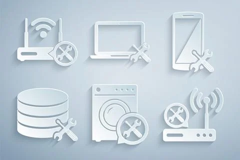 Set Washer service, Smartphone, Database server, Router wi-fi, Laptop and with イラスト素材