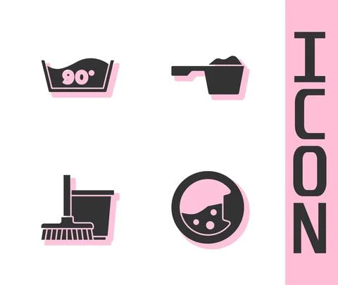 Set Washer, Temperature wash, Mop and bucket and Washing powder icon. Vector Stock-Illustration