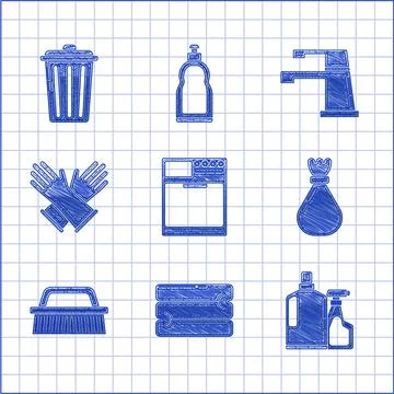 Set Washer, Towel stack, Plastic bottles for liquid dishwashing liquid, Garbage Stock Illustration