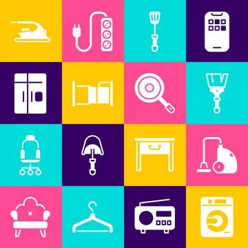 Set Washer, Vacuum cleaner, Paint brush, Spatula, Bed, Refrigerator, Electr.. Stock Illustration