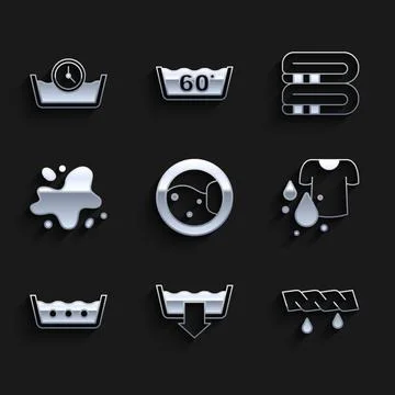 Set Washer, Washing modes, Squeeze clothes, Dirty t-shirt, Temperature wash Stock Illustration