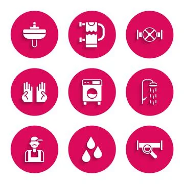 Set Washer, Water drop, Industry metallic pipe, Shower, Plumber, Rubber gloves Ilustração Stock
