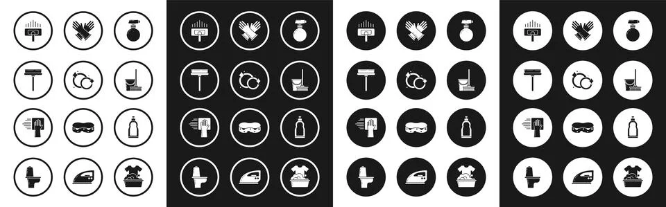 Set , Washing dishes, Squeegee, scraper, wiper, Vacuum cleaner, Mop and bucket Stock-Illustration