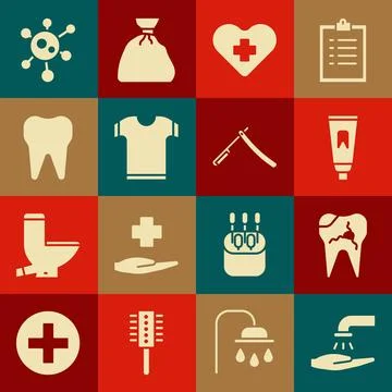 Set Washing hands with soap, Broken tooth, Tube of toothpaste, Heart cross,.. Stock Illustration