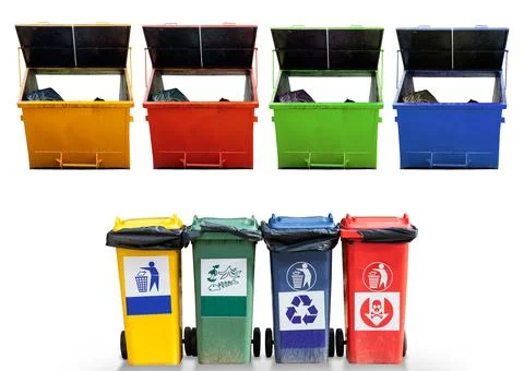 Set of waste sorting concept or colorful garbage bin or trash. Metal and plas Stock Photos