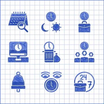 Set Waste of time, Clock, Always busy, Time Management, Ringing bell, Monitor Stock Illustration