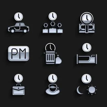 Set Waste of time, Coffee, Day and night with, Time to sleep, Work, is money and Stock Illustration