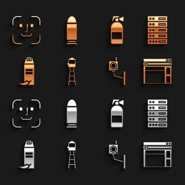 Set Watch tower, Server, Data, Web Hosting, Website template, Security came.. Stock Illustration