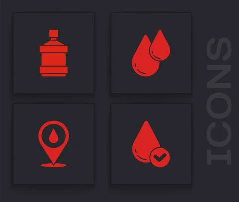 Set Water drop, Big bottle with clean water, and location icon. Vector Illustrazione stock