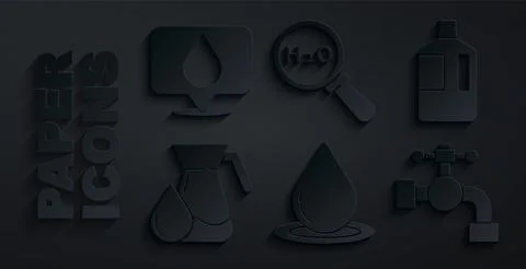 Set Water drop, Big bottle with clean water, Jug glass, tap, Chemical formula Illustration