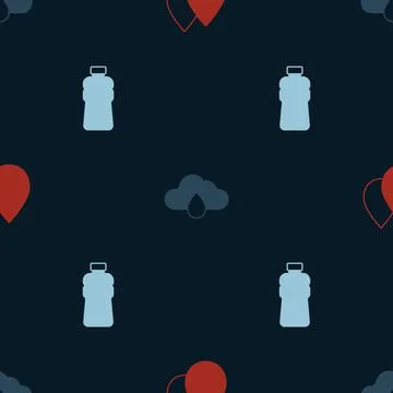Set Water drop, Cloud with rain and Bottle of water on seamless pattern. Vector Illustrazione stock