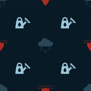 Set Water drop, Cloud with rain and Watering can on seamless pattern. Vector 스톡 일러스트