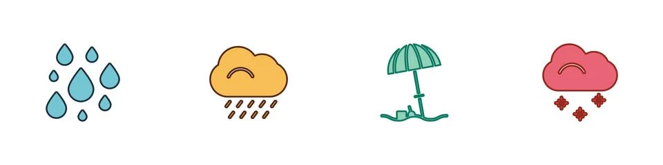 Set Water drop, Cloud with rain, Sun protective umbrella for beach and snow icon Stock Illustration