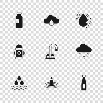 Set Water drop, Cloud with rain, Bottle of water, tap,  and Fire hydrant ic.. Stock Illustration