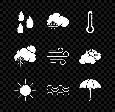Set Water drop, Cloud with snow, Thermometer, Sun, Waves, Classic elegant opened Stock Illustration