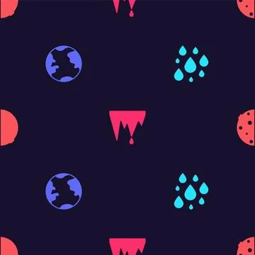 Set Water drop, Earth globe, Icicle and Eclipse of the sun on seamless pattern 스톡 일러스트