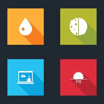 Set Water drop, Eclipse of the sun, Weather forecast and Sunset icon. Vector Stock Illustration