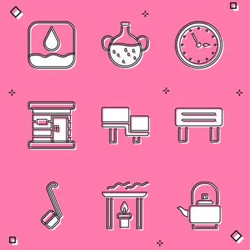 Set Water drop, Essential oil bottle, Sauna clock, wooden bathhouse, bench Illustrazione stock
