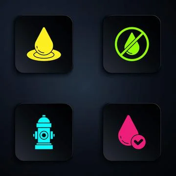 Set Water drop, , Fire hydrant and forbidden. Black square button. Vector Stock Illustration