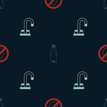 Set Water drop forbidden, Bottle of water and tap on seamless pattern. Vector Stock Illustration