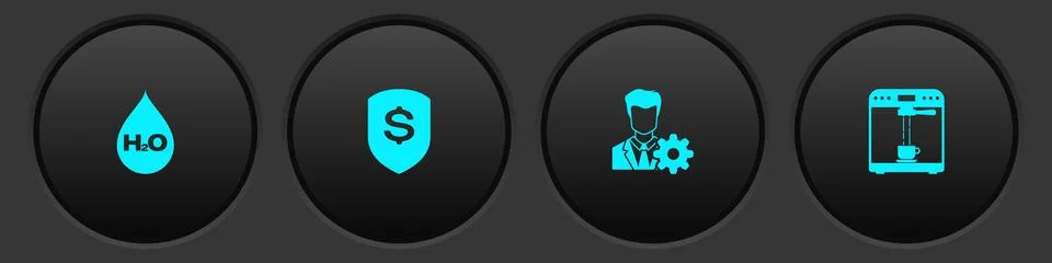 Set Water drop with H2O, Shield and dollar, Profile settings and Coffee machi Stock Illustration