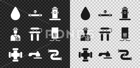 Set Water drop, Industry pipe and manometer, Fire hydrant, metallic ...
