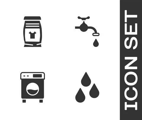 Set Water drop, Laundry detergent, Washer and tap icon. Vector Stock Illustration