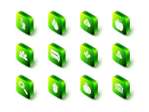 Set Water drop, Leaf or leaves, Apple, Farm house, Peach fruit and Acorn icon Stock Illustration