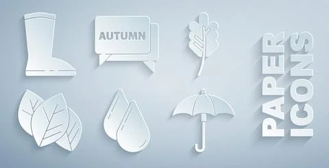 Set Water drop, Leaf or leaves, Umbrella, Speech bubble with text autumn and Stock Illustration