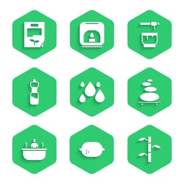 Set Water drop, Lemon, Bamboo stems with leaves, Stack hot stones, Bathtub Stock Illustration