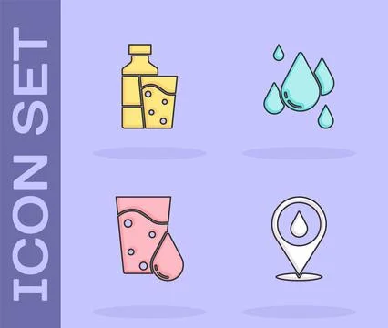Set Water drop with location, Bottle of water glass, Glass and  icon. Vector Illustrazione stock