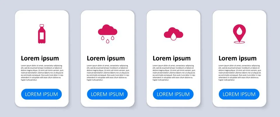 Set Water drop with location, Cloud rain, and Bottle of water. Business Stock Illustration