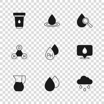 Set Water drop, with location, Cloud rain, Drop and magnifying glass, filte.. Illustrazione stock